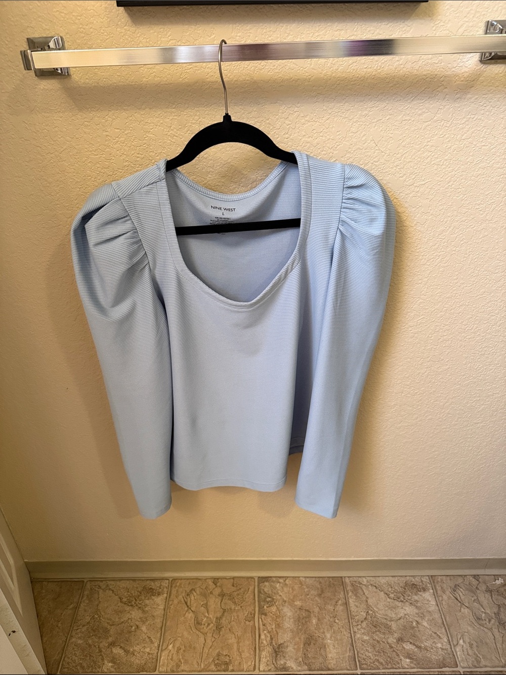 Nine West Pastel Blue Puff-Shoulder Long Sleeve Top